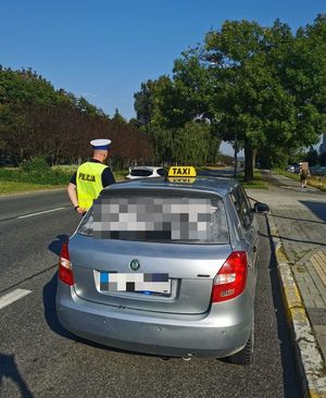 Na zdjęciu umundurowany policjant ruchu drogowego kontroluje pojazd.