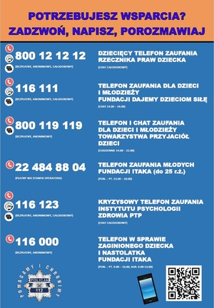 Na zdjęciu plakat z napisem potrzebujesz wsparcia ? napisz, zadzwoń, porozmawiaj. Poniżej numery telefonów.