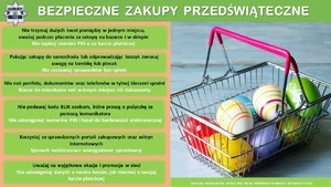 Na zdjeciu świąteczny koszyk, obok wypisane zasady bezpieczeństwa w okresie przedświątecznym.