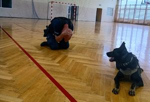 Na zdjęciu policjant przewodnik psa i służbowy pies patrolowo-tropiacy Alfa.