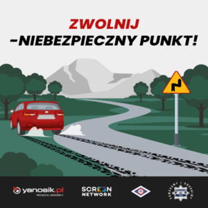 Na zdjeciu czerwony samochód na zakręcie, na górze napis zwolnij-niebezpieczny punkt.