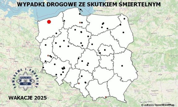 Na zdjęciu policyjna mapa wypadków ze skutkiem śmiertelnym.
