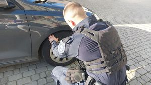 Na zdjęciu policjant przy samochodzie.