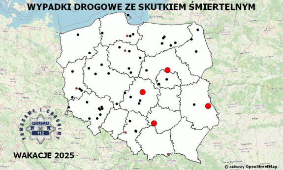 Na zdjęciu policyjna mapa wypadków ze skutkiem śmiertelnym.