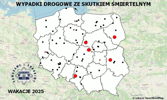 Na zdjęciu policyjna mapa wypadków ze skutkiem śmiertelnym.