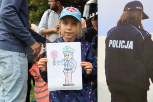 Na zdjęciu dziewczynka trzyma kolorowankę z postacią policjanta.