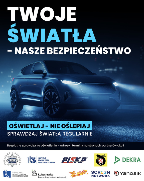 Na zdjeciu na ciemnym tle ciemny samochód napis Twoje światła - nasze bezpieczeństwo.