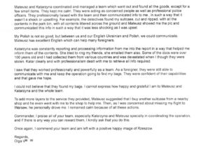 Na zdjęciu mail z podziękowaniami w języku angielskim.