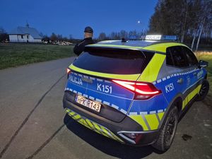 Na zdjęciu radiowóz, obok policjant.