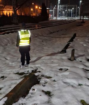 Na zdjęciu umundurowany policjant w żółtej kamizelce odblaskowej z napisem policja na plecach.