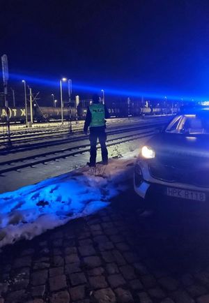 Na zdjęciu umundurowany policjant w żółtej kamizelce odblaskowej z napisem policja na plecach. Obok radiowóz.