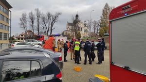 Na zdjęciu policjanci i strażacy podczas ćwiczeń "Przesyłka".
