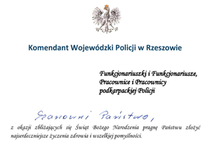 Na zdjęciu Życzenia Komendanta Wojewódzkiego Policji w Rzeszowie nadinsp. Andrzeja Patrzałka.