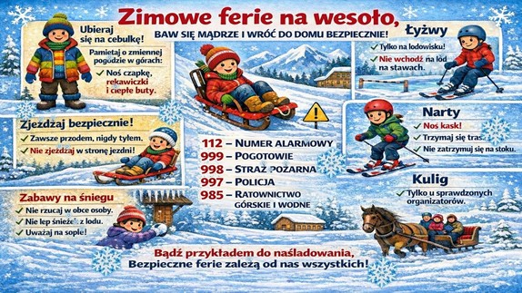 Na zdjęciu obrazki rysunkowe z dziećmi, podczas zimowych aktywności na świeżym powietrzu. Na planszy wypisane numery alarmowe.