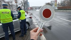 Na zdjęciu dwóch umundurowanych policjantów ruchu drogowego, podczas kontroli drogowej. na środku tarcza do zatrzymywania poajzdów.