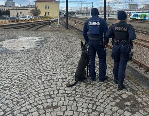 Na zdjęciu policjantka oraz policjant z psem służbowym.