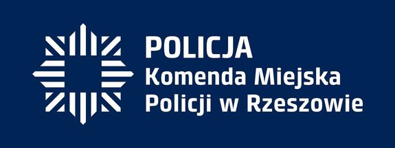 Na zdjęciu na granatowym tle logo policji i napis Komenda Miejska Policji w Rzeszowie.