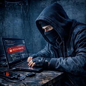 Na zdjęciu zamaskowany, ubrany na czarno mężczyzna p[przed monitorem komputera.