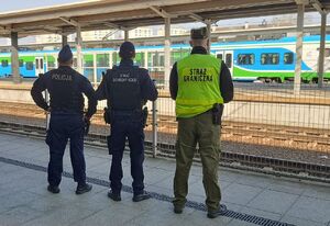 Na zdjeciu umundurowany policjant, strażnik graniczny i funkcjonariusz Straży Ochrony Kolei.