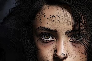 Na zdjeciu grafika części kobiecej twarzy w ciemnych kolorach.