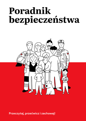 Na zdjeciu na biało czerwonym tle grafika osób i napis poradnik bezpieczeństwa.