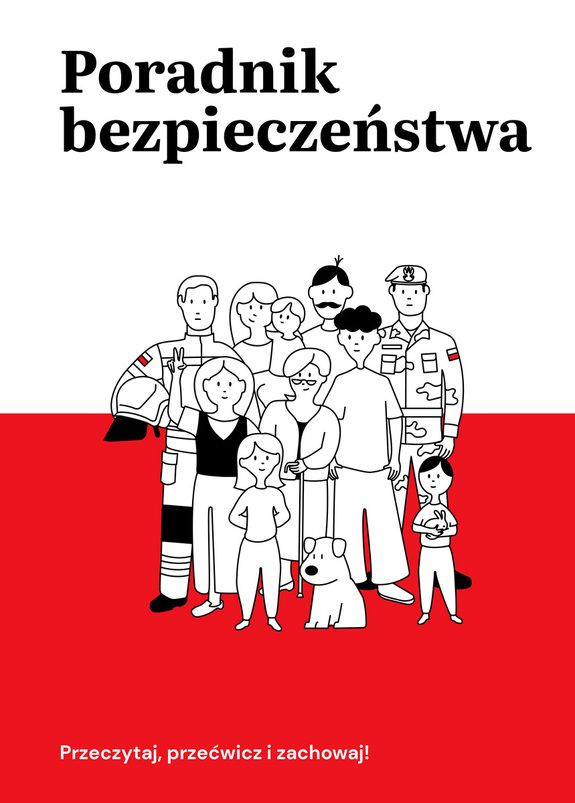 Na zdjeciu na biało czerwonym tle grafika osób i napis poradnik bezpieczeństwa.