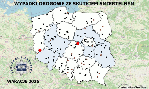 Policyjna mapa wypadków drogowych ze skutkiem śmiertelnym – Wakacje 2026