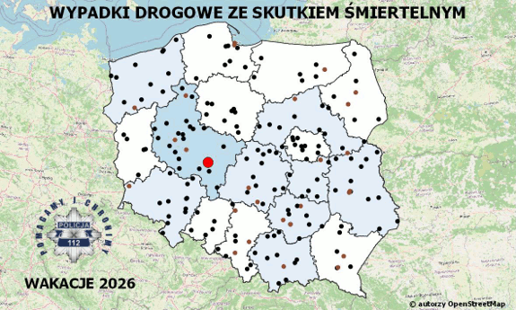 Policyjna mapa wypadków drogowych ze skutkiem śmiertelnym – Wakacje 2026