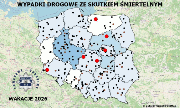 Policyjna mapa wypadków drogowych ze skutkiem śmiertelnym – Wakacje 2026