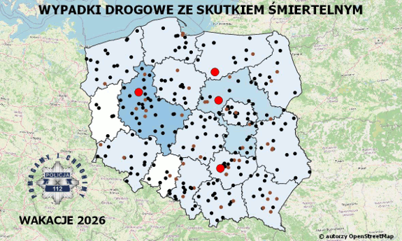 Policyjna mapa wypadków drogowych ze skutkiem śmiertelnym – Wakacje 2026