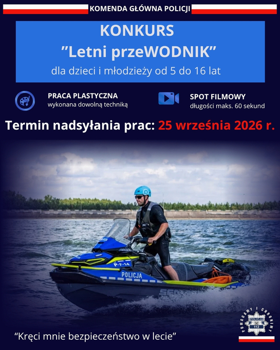Na zdjeciu plakat konkursu „Letni przeWODNIK” dla dzieci i młodzieży.