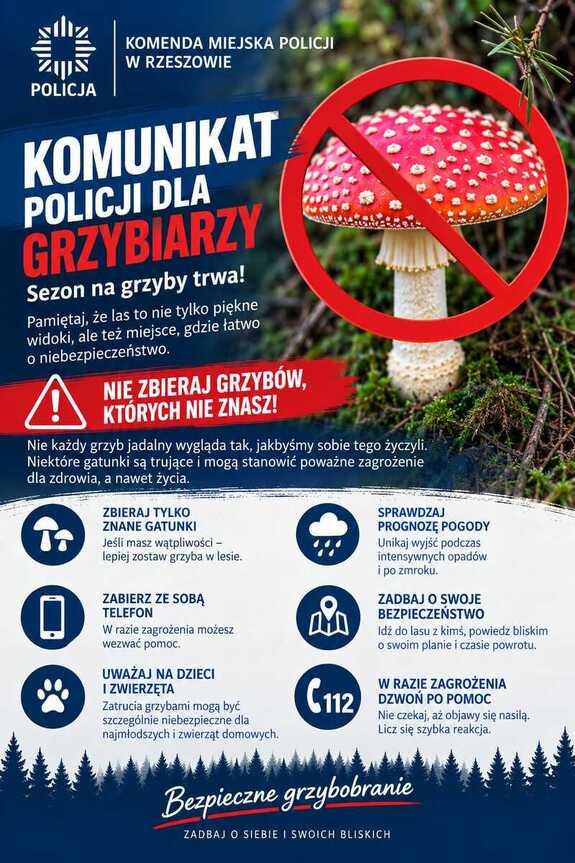 Na zdjęciu znajdują się informacje dotyczące bezpiecznego grzybobrania
